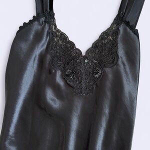 Vintage Hidden Fantasies Black Satin Lace Beaded Night Dress Made USA Size M